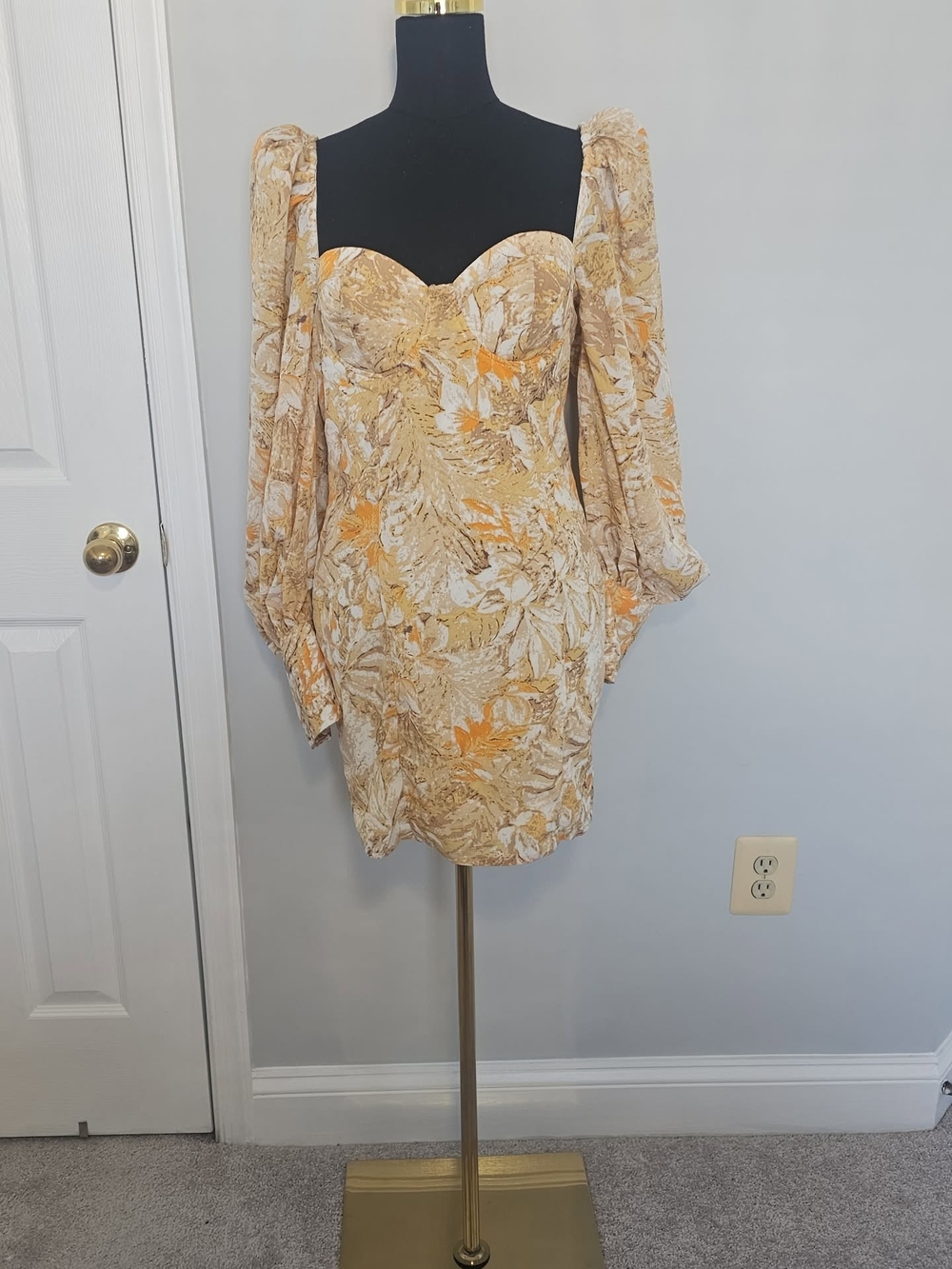 Fashion Nova Floral Sweetheart Mini Dress in Beige and Orange